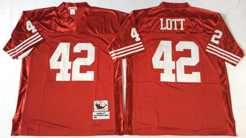 49ers 42 Ronnie Lott Red M&N Throwback Jersey->nfl m&n throwback->NFL Jersey